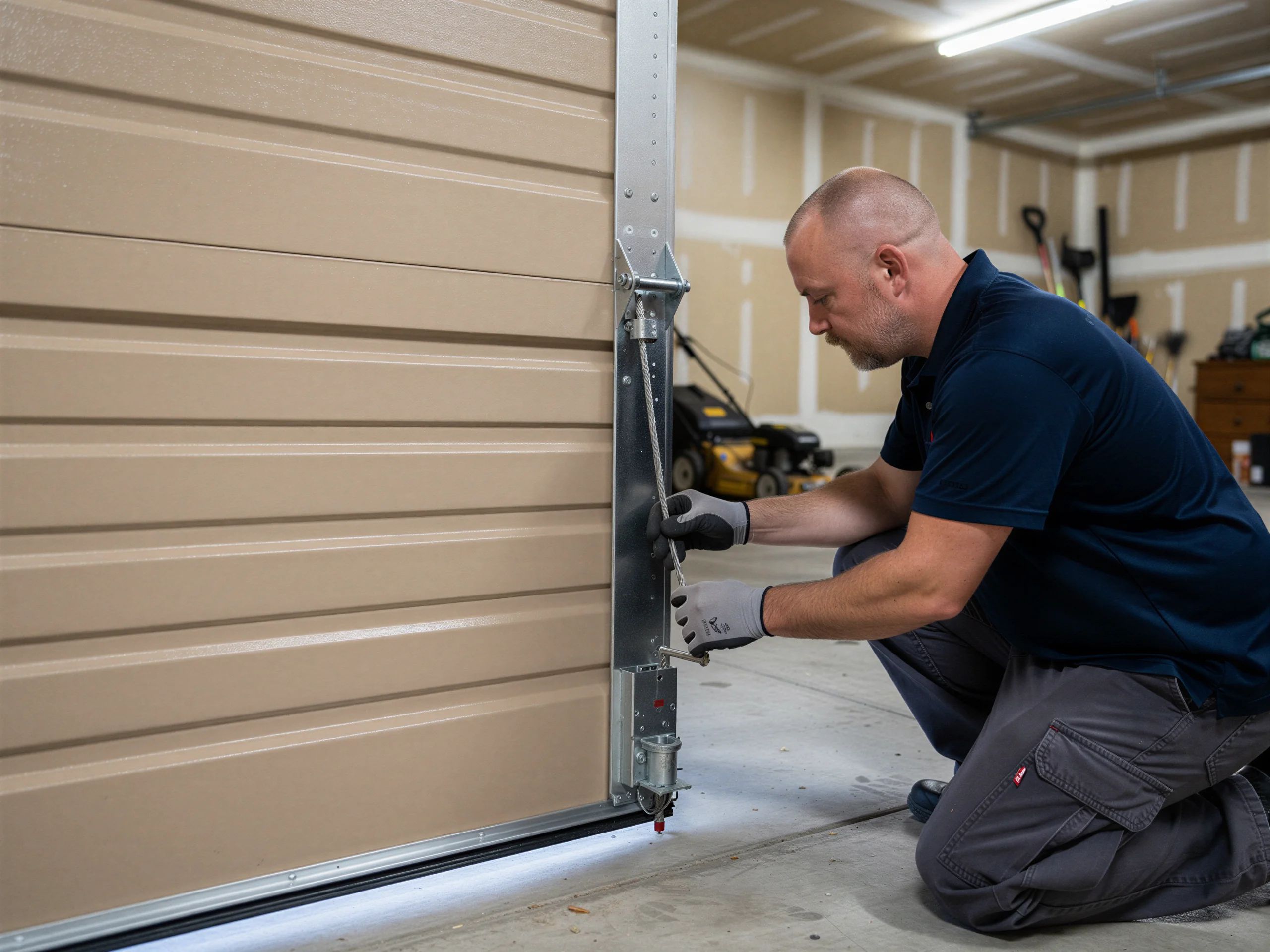 A technician kneels, adjusting the cable on a tan garage door inside a garage.