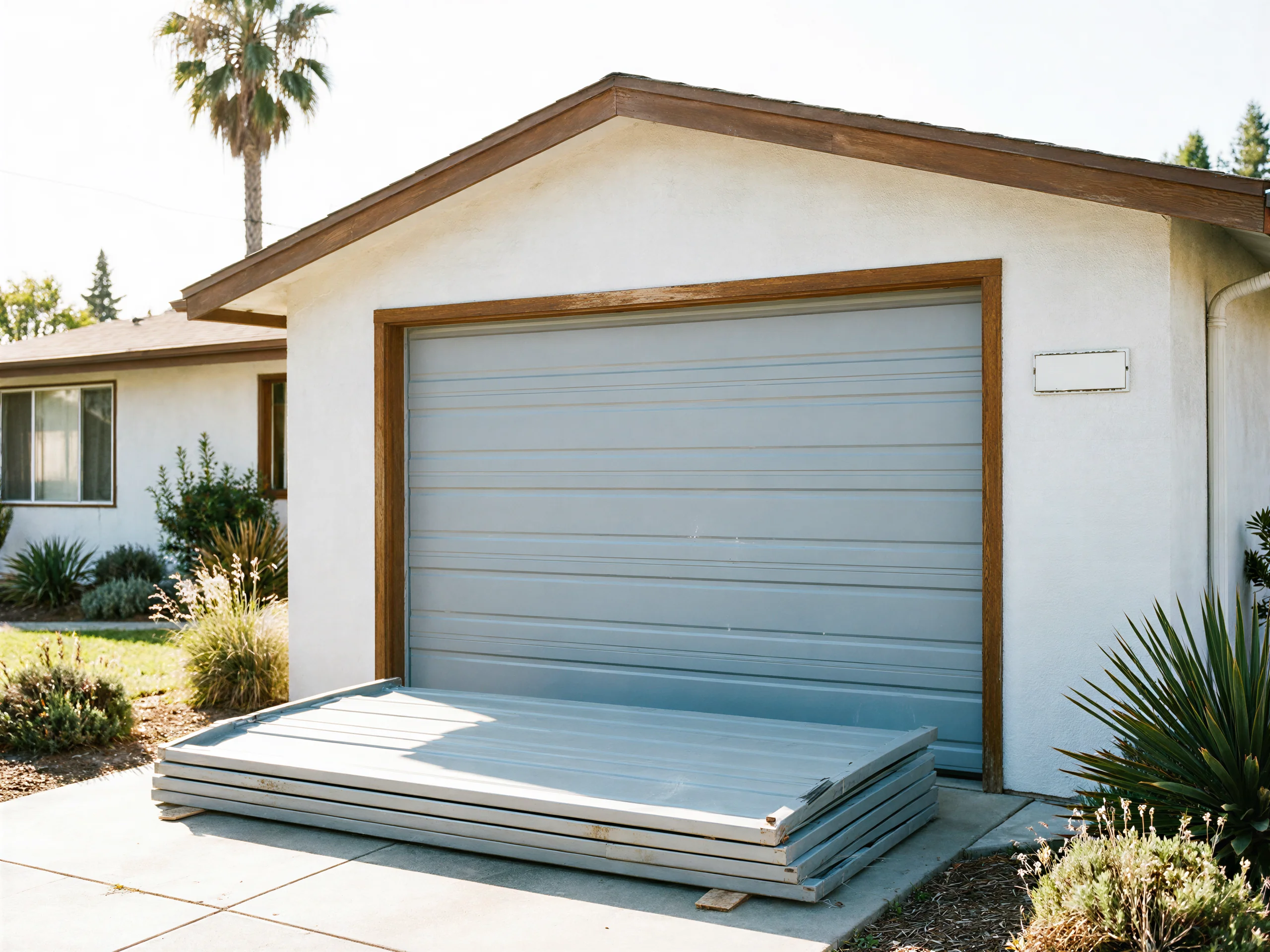 A gray garage door is installed, and old gray garage door panels are stacked on the driveway.