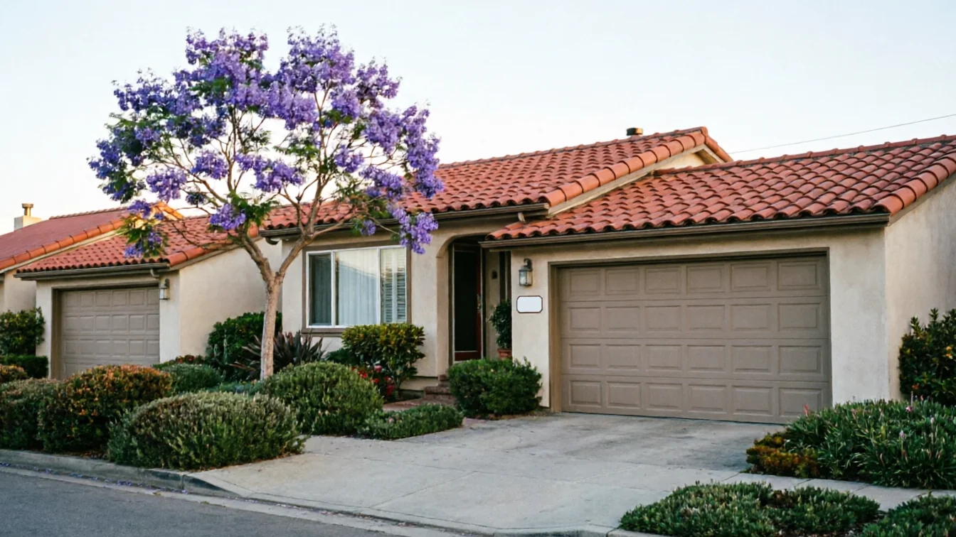 A house with two brown garage doors, a red tile roof, and a purple flowering tree.