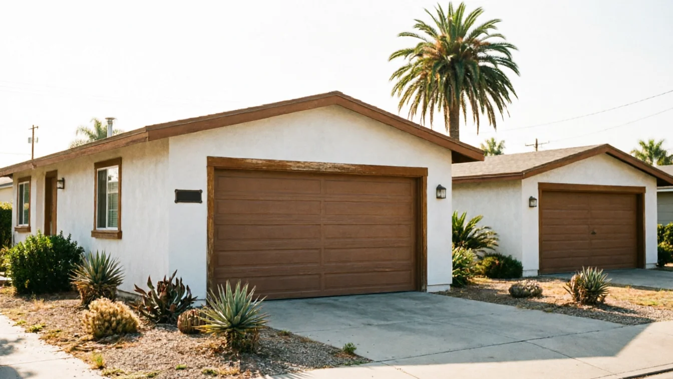 Two white houses with brown garage doors and palm trees are visible.