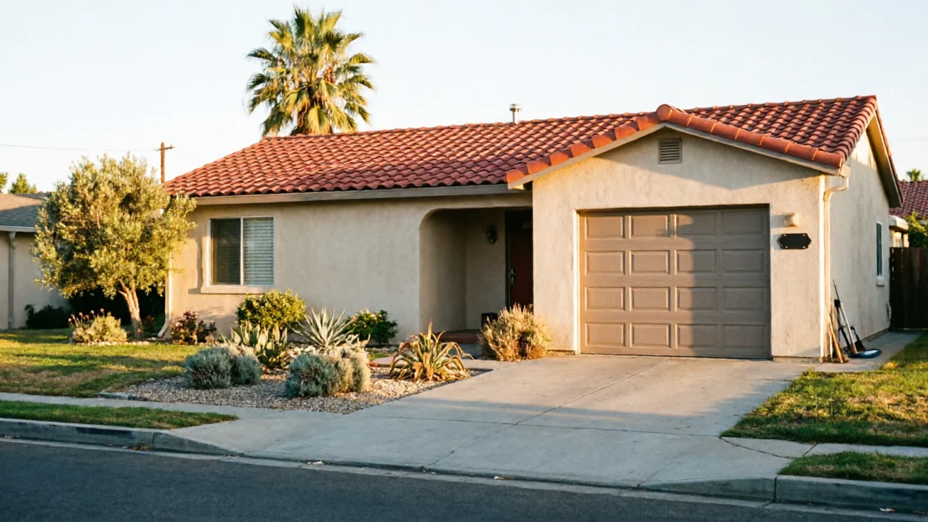 A beige house with a red tile roof and a tan garage door.