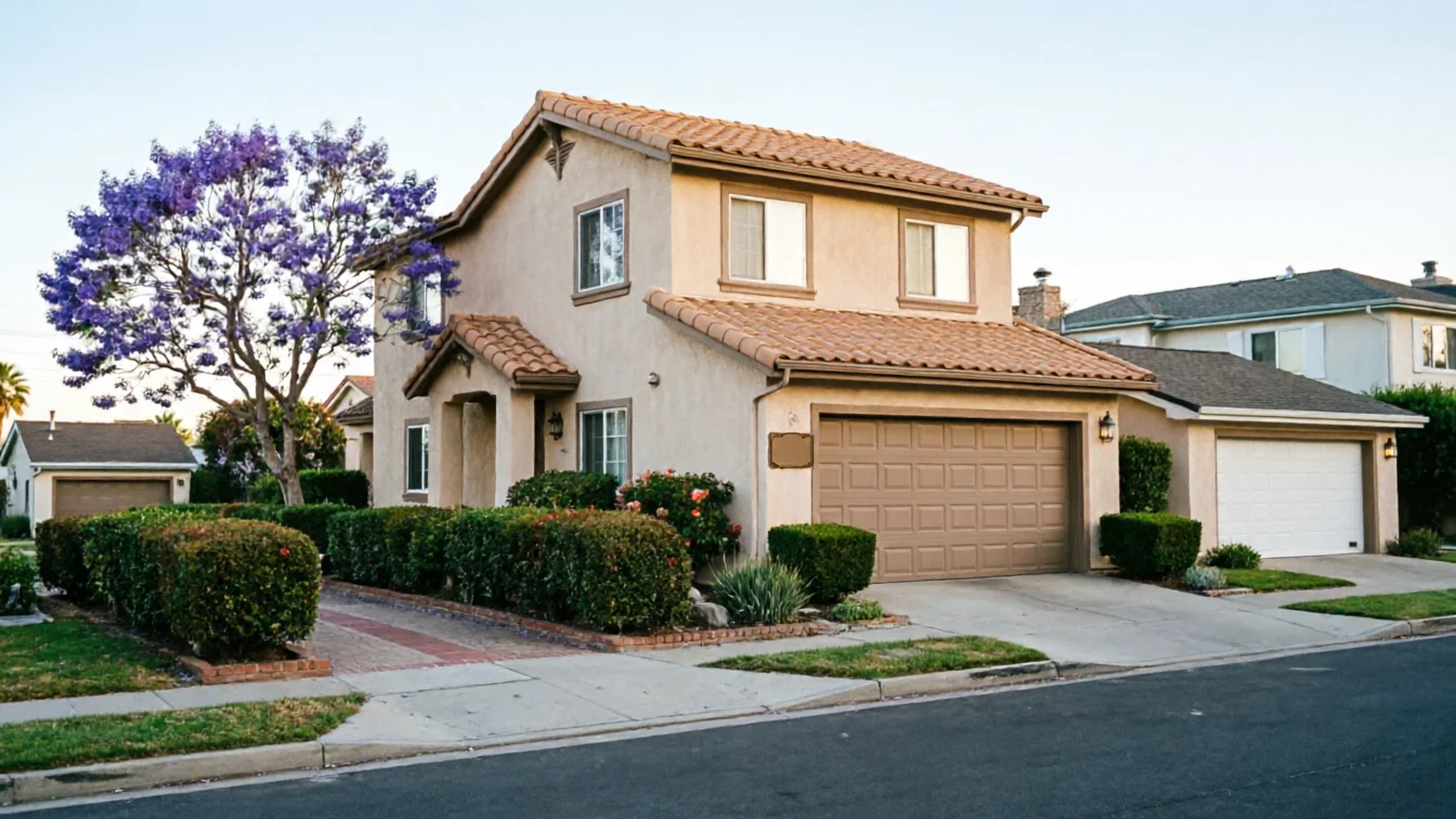 A two-story house with a brown garage door and a white garage door on the right.
