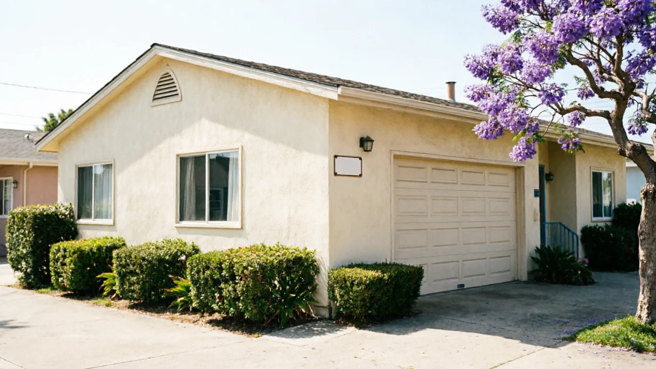 A beige house with a closed beige garage door and a purple flowering tree.